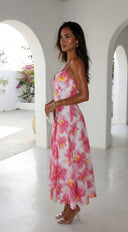 Lunaya Floral Midi Dress in Pink Multi styled outfit flat lay