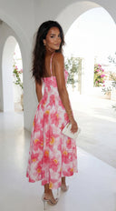 Lunaya Floral Midi Dress in Pink Multi close-up of floral print