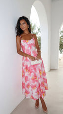 Lunaya Floral Midi Dress in Pink Multi back view on model