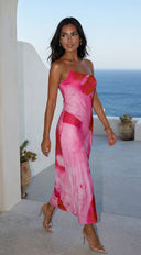 Zareya One Shoulder Mesh Maxi Dress in Pink Multi close-up of mesh panel detail