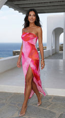 Zareya One Shoulder Mesh Maxi Dress in Pink Multi full length front view on model