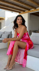 Zareya One Shoulder Mesh Maxi Dress in Pink Multi stitching and texture close-up hemline and silhouette detail