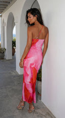 Zareya One Shoulder Mesh Maxi Dress in Pink Multi close-up of mesh panel detail hemline and silhouette detai additional angle