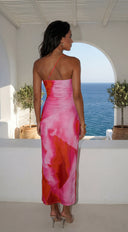 Zareya One Shoulder Mesh Maxi Dress in Pink Multi stitching and texture close-up hemline and silhouette deta additional angle