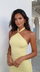 Islaya Halter Ruched Mini Dress in Yellow back view on model