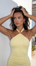 Islaya Halter Ruched Mini Dress in Yellow styled outfit flat lay