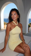 Islaya Halter Ruched Mini Dress in Yellow close-up of neckline and shoulder detail