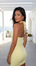 Islaya Halter Ruched Mini Dress in Yellow full length three-quarter angle