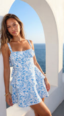 Maréla Floral Tiered Mini Dress in Blue full length front view on model