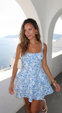 Maréla Floral Tiered Mini Dress in Blue seam and edge finishing detail