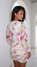 Deniz Surplice Mini Dress in Garden Pink full length three-quarter angle