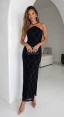 Zarevia Orbit Ring Mesh Maxi Dress in Black flat lay product shot