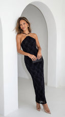 Zarevia Orbit Ring Mesh Maxi Dress in Black side profile view on model