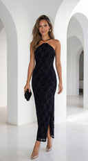 Zarevia Orbit Ring Mesh Maxi Dress in Black full length front view on model