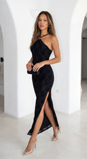 Zarevia Orbit Ring Mesh Maxi Dress in Black back view on model