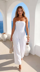 Elarya Tube Wide Leg Jumpsuit in White hemline and silhouette detail