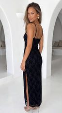 Zarevia Orbit Ring Mesh Maxi Dress in Black stitching and texture close-up flat lay product shot