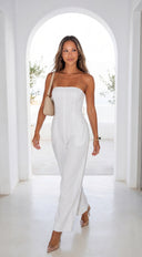 Elarya Tube Wide Leg Jumpsuit in White stitching and texture close-up hemline and silhouette detail