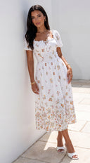 Lunaria Floral Midi Dress - Ivory White