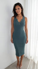 Milana Henley Ribbed Midi Dress - Hunter Green