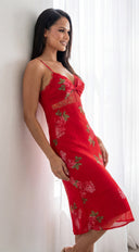 Scarlet Floral Print Midi Dress - Red