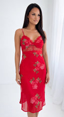 Scarlet Floral Print Midi Dress - Red
