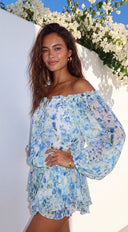 Vibrant Floral Off-Shoulder Mini Dress - Blue Multi
