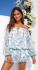 Vibrant Floral Off-Shoulder Mini Dress - Blue Multi