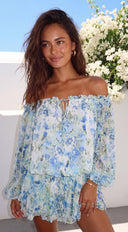 Vibrant Floral Off-Shoulder Mini Dress - Blue Multi