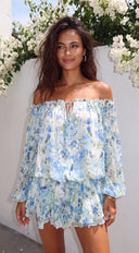 Vibrant Floral Off-Shoulder Mini Dress - Blue Multi