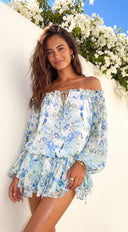 Vibrant Floral Off-Shoulder Mini Dress - Blue Multi