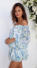Vibrant Floral Off-Shoulder Mini Dress - Blue Multi