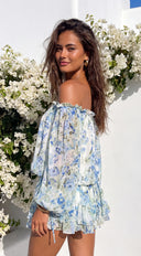 Vibrant Floral Off-Shoulder Mini Dress - Blue Multi