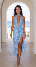 Méva Lace Halter Floral Maxi Dress - Blue Multi