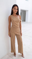 Luna One Shoulder Pant Set - Beige Taupe