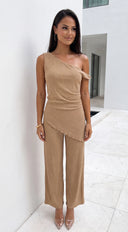 Luna One Shoulder Pant Set - Beige Taupe