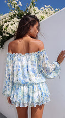 Vibrant Floral Off-Shoulder Mini Dress - Blue Multi