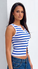 Shoreline Striped Ribbed Button Tank - Blue