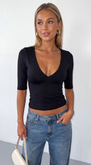 Esvira V Neck 3/4 Sleeve Top - Black