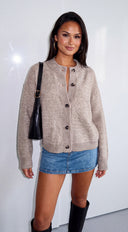 Ovelia Marled Ribbed Trim Knit Cardigan - Latte Beige