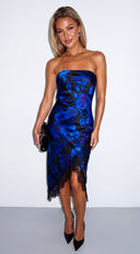 Zavielle Floral Lace Trim Strapless Midi Dress - Blue Multi