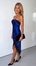 Zavielle Floral Lace Trim Strapless Midi Dress - Blue Multi
