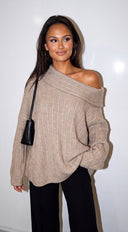 Solvane Oversized Ribbed Off Shoulder Sweater - Taupe Beige