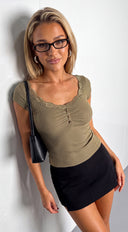 Cevira Lace Trim Henley Top - Olive Green