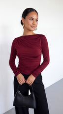 Averis Asymmetrical Ruched Long Sleeve Top - Burgundy