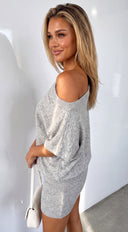 Novalie Off Shoulder Drop Waist Sweater Dress - Gray