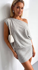 Novalie Off Shoulder Drop Waist Sweater Dress - Gray