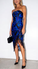 Zavielle Floral Lace Trim Strapless Midi Dress - Blue Multi
