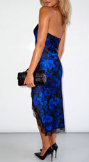 Zavielle Floral Lace Trim Strapless Midi Dress - Blue Multi
