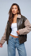 Viretta Faux Leather Sherpa Jacket - Olive Multi